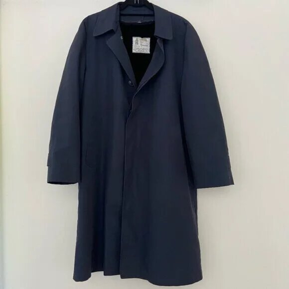 London Fog Towne Men's Navy Blue Long Fleece Lined Trench Coat Jacket Sz 42 Long - Picture 1 of 10